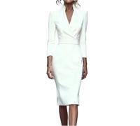 Kleider Damen Festlich Elegant Etuikleid Langarm für Hochzeit Herbstkleid Knielang A Linie Abendkleid Damen V Ausschnitt mit Ärmel Kleid Business Plissee Tailliert Damenkleider Stehkragen