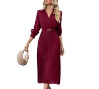 Kleider Damen Festlich Elegant Langarm Faltenkleid Damen Lang A Linie Kleid Plissee V Ausschnitt Maxikleider Frauen mit Gürtel Damenkleider Maxi Hemdkleid Einfarbig Herbstkleid Plisseekleid