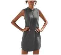 Kleider Damen festlich elegant Sommer Dresses for Women Einfarbig Ärmellos Hoodies Sweatshirt Sommerkleid mit Kapuze Kordelzug Kurz Freizeitkleid T-Shirt Kleid Boho(Grau, M)
