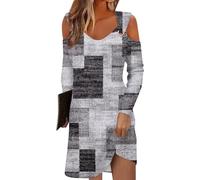 Kleider Damen Herbst Elegant Muster Drucken V-Ausschnitt Cold Shoulder Langarm Knielang Freizeit Kleid Lockere T-Shirt Kleid A-Linie Kleid Lange Ärmel Minikleid Locker Tunika Kleid