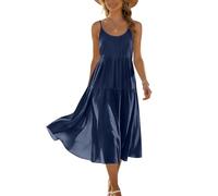 Kleider Damen Italienische Mode Damen Sommerkleid Rundhals Midikleid Fließend Ärmellos Spaghettiträger Strand Urlaub Kleid XXL A Navy
