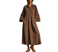 Kleider Damen Kleid Sommer Festliches Hochzeit Sommerkleid Baumwolle Damen Leinen Kleid Mit Dreiviertelarm Maxikleid Sommer Kleider Große Größen Festlich Lange Sommerkleider Lockeres(Braun,XXL)