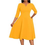 Kleider Damen Lang 3/4 Ärmel Sommer Kleid Damen Elegant Festlich Midi Sommerkleid A Linie V Ausschnitt Midikleid Sommer Curvy mit Taschen Sommerkleider Leicht und Luftig Damenkleider Einfarbig