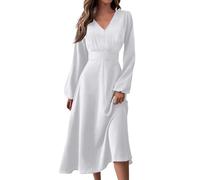 Kleider Damen Langarm Frühlingskleid V Ausschnitt Midi Kleid Elegant Damenkleider Mit Ärmeln Frauen A Linie Wadenlang Plissee Kleider Einfarbig Casual Herbstkleider Lang Winterkleid