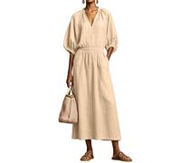 Kleider Damen mit Ärmel Halbarm Vintage Sommerkleid Lang A-Linie Maxikleid Sommer V Ausschnitt Tailliert Sommerkleider Leicht Luftig Maxi Kleid Frauen Elegant Puffärmel mit Taschen Damenkleider