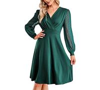 Kleider Damen mit V Ausschnitt Wickelkleid Damen Transparente Lange Ärmel Einfarbig Kleid Damen Knielang Elegant Freizeitkleider Chiffon Midikleid Mode Tunika