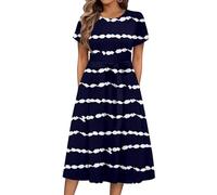 Kleider Damen Sommer 2025 Sommerkleid Damen Rundhals Kurzarm Blumendruck Midikleid Boho A-Linie Hohe Taille Freizeit Damenkleider leicht und luftig Strandkleid Swing S-2XL C Navy XL
