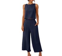 Kleider Damen Sommer blusen sprüche t-Shirts Baumwolle Leinen Kurzarm Top Shorts Set für Frauen unterhemd Kurze Jogginghose(Dunkelblau, S)