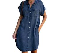 Kleider Damen Sommer,Damen-Jeanskleid Vintage-Waschung Verblasstes Kurzarm-Revers-Knopf-Kleid Lässiges Lockeres Hemdkleid Mit Tasche Sommer-Jeans-Etuikleid Midi-Kleider Für Damen Und Mädchen Dunk