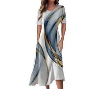 Kleider Damen Sommer Elegant A Linie Sommerkleid Damen Midi mit Ärmel Tailliert Sommerkleider Leicht Und Luftig Midikleid Muster Kleid Frauen V Ausschnitt Schicke Damenkleider