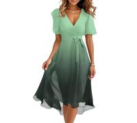 Kleider Damen Sommer Elegant Lang Chiffon Sommerkleid A-Linie Hohe Taille Abendkleid Boho Kleid Kurzarm Cocktailkleid Frauen Midi Casual Wickelkleid V-Ausschnitt Bindegürtel Strandkleid Party