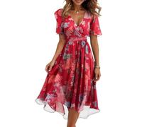 Kleider Damen Sommer Elegant Lang Chiffon Sommerkleid A-Linie Hohe Taille Abendkleid Boho Kleid Kurzarm Cocktailkleid Frauen Midi Casual Wickelkleid V-Ausschnitt Bindegürtel Strandkleid Party