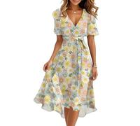 Kleider Damen Sommer Elegant Midi Sommerkleid Damen Lang Blumen Kleid Frauen A Linie Sommerkleider Leicht Luftig Damenkleider V Ausschnitt Blumenkleid Mit Gürtel Wickelkleid Geblümt Midikleid