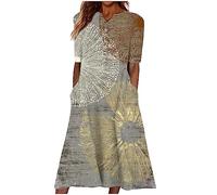 Kleider Damen Sommer Elegant Sommerkleider Damen Leicht Und Luftig Midi Sommerkleid Frauen Mit Knopfleiste A Linie Strandkleid Kurzarm Csual Midi-Kleid Mit Taschen Damenkleider