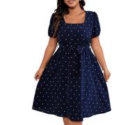 Kleider Damen Sommer Für Mollige Lang Punkte Sommerkleid Damen Midi A Linie mit Gürtel Sommerkleider Leicht Und Luftig Elegant Midikleid Frauen Sommer Kurzarm Gepunktet Kleid Große Größen