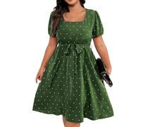 Kleider Damen Sommer Für Mollige Lang Punkte Sommerkleid Damen Midi A Linie mit Gürtel Sommerkleider Leicht Und Luftig Elegant Midikleid Frauen Sommer Kurzarm Gepunktet Kleid Große Größen