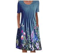 Kleider Damen Sommer Knielang Blumenmuster Sommerkleid Damen Elegant A Linie Plissee Blusenkleid Kurzarm Sommerkleider Damen Leicht Und Luftig Kleid mit Taschen Damenkleider Blumen Rundhals