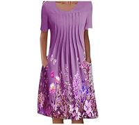 Kleider Damen Sommer Knielang Blumenmuster Sommerkleid Damen Elegant A Linie Plissee Blusenkleid Kurzarm Sommerkleider Damen Leicht Und Luftig Kleid mit Taschen Damenkleider Blumen Rundhals