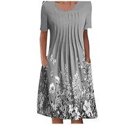 Kleider Damen Sommer Knielang Blumenmuster Sommerkleid Damen Elegant A Linie Plissee Blusenkleid Kurzarm Sommerkleider Damen Leicht Und Luftig Kleid mit Taschen Damenkleider Blumen Rundhals