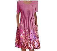 Kleider Damen Sommer Knielang Blumenmuster Sommerkleid Damen Elegant A Linie Plissee Blusenkleid Kurzarm Sommerkleider Damen Leicht Und Luftig Kleid mit Taschen Damenkleider Blumen Rundhals