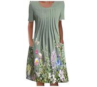 Kleider Damen Sommer Knielang Blumenmuster Sommerkleid Damen Elegant A Linie Plissee Blusenkleid Kurzarm Sommerkleider Damen Leicht Und Luftig Kleid mit Taschen Damenkleider Blumen Rundhals