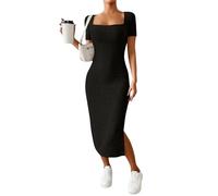 Kleider Damen Sommer Lang Curvy Strickkleid Kurzarm Geripptes Kleid Bodycon Bleistiftkleid Frauen Elegant Midikleid Mit Schlitz T Shirt Kleider Einfarbig Freizeit Sommerkleid Figurumspielend
