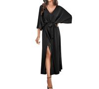 Kleider Damen Sommer Lang Kleid Mit Schnürung A Linie Cocktailkleid Satin Party Abendkleider Elegant Für Hochzeit Fledermausärmel Maxikleid Langes Mit Schlitz Sommerkleid Frauen V Ausschnitt