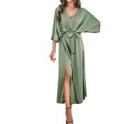 Kleider Damen Sommer Lang Kleid Mit Schnürung A Linie Cocktailkleid Satin Party Abendkleider Elegant Für Hochzeit Fledermausärmel Maxikleid Langes Mit Schlitz Sommerkleid Frauen V Ausschnitt