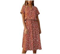 Kleider Damen Sommer Lang mit Arm Kleid Punkte A Linie Damen Sommerkleid Kurzarm Elegant Sommerkleider mit Knopfleiste Stehkragen Strandkleid Luftig Midi Gepunktetes Kleid mit Gürtel