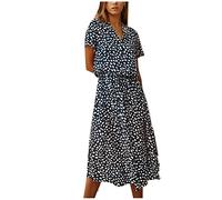 Kleider Damen Sommer Lang mit Arm Kleid Punkte A Linie Damen Sommerkleid Kurzarm Elegant Sommerkleider mit Knopfleiste Stehkragen Strandkleid Luftig Midi Gepunktetes Kleid mit Gürtel