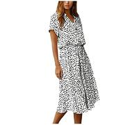 Kleider Damen Sommer Lang mit Arm Kleid Punkte A Linie Damen Sommerkleid Kurzarm Elegant Sommerkleider mit Knopfleiste Stehkragen Strandkleid Luftig Midi Gepunktetes Kleid mit Gürtel