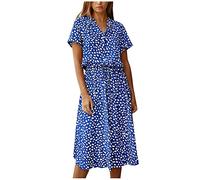 Kleider Damen Sommer Lang mit Arm Kleid Punkte A Linie Damen Sommerkleid Kurzarm Elegant Sommerkleider mit Knopfleiste Stehkragen Strandkleid Luftig Midi Gepunktetes Kleid mit Gürtel