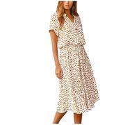 Kleider Damen Sommer Lang mit Arm Kleid Punkte A Linie Damen Sommerkleid Kurzarm Elegant Sommerkleider mit Knopfleiste Stehkragen Strandkleid Luftig Midi Gepunktetes Kleid mit Gürtel