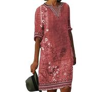 Kleider Damen Sommer langes Kleid Damen leinenkleid Damen Sommer Blumendruck V-Ausschnitt T-Shirt mit halben Ärmeln Midikleid Sommerkleider Damen midi (Rot, 5XL)