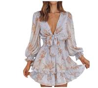 Kleider Damen Sommer Sexy Tief V-Ausschnitt Chiffonkleid Boho Strandkleider Mode Transparente Lange Ärmel Tunika Freizeitkleid Slim Fit Minikleid Dress mit Schnüren