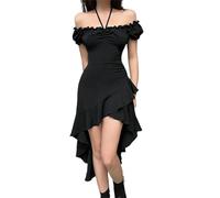Kleider Damen Sommer Vorne Kurz Hinten Lang Rüschen Schwarzes Kleid A Linie Elegant Sommerkleid Schulterfrei Ballkleid Frauen Partykleid Figurbetontes Cocktailkleid Off Shoulder Abendkleider