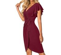 Kleider Damen Sommer Wickelkleid V Ausschnitt A Linie Kleid Curvy Tailliert Abendkleider Elegant Für Hochzeit Festlich Cocktailkleid Knielang Etuikleid Volantärmeln Plissee Partykleid