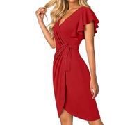 Kleider Damen Sommer Wickelkleid V Ausschnitt A Linie Kleid Curvy Tailliert Abendkleider Elegant Für Hochzeit Festlich Cocktailkleid Knielang Etuikleid Volantärmeln Plissee Partykleid