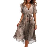 Kleider Damen SommerDamen Sommerkleider Wickelkleid Elegant Chiffon V-Ausschnitt Drucken Kurzarm Midikleid Mit Gürtel Hohe Taille A-Linien Sommerkleid Cocktailkleid(Hellbraun,S)