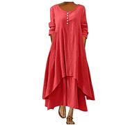 Kleider Damen Vintage einfarbig Maxikleid Baumwolle Leinen Skaterkleid Knopf V-Ausschnitt Langärmliges A-Linien Kleid mit Taschen Cascade Rüschensaum Blusenkleid Knöchellanges Freizeitkleid S-5XL