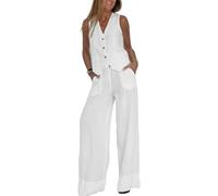 Kleider für Damen 2-teiliges Set V-Ausschnitt Ärmellos mit Knöpfen Weste mit weitem Bein Hose 2 Stück Sommer-Blazer Leinen Passende Sets, Weiß, M