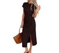 Kleider für Damen Kurzarm Damen Freizeit Maxikleid mit Bindegürtel Elegantes T Shirt Sommerkleid mit Schlitz A Linie Figurbetont Formelles Hochzeitsgast Abendkleid Wickelkleid Braun XL