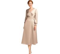 Kleider FüR Die Mutter Der Braut Einfaches Mutterkleid mit V-Ausschnitt, elegantes Langarm-Hochzeitskleid, wadenlanges A-Linien-Brautkleid(26W)