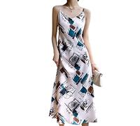 Kleider Lässige Übergröße Zeitgenössischer Druck Langes Maxi, Sommer Neues Acetat-Satin-Damenkleid mit V-Ausschnitt-Druck Mode Elegante, edle Atmosphäre Hohe Taille über dem Knie Sling-Kleid Langer Rock,Solid,L