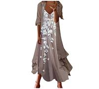 Kleider Langarm Damen,Schnittmuster Damen Kleider Kleider Damen Sexy Elegant 50 Jahre Stil Damen Casual Fashion Print V-Ausschnitt Zweiteiliges Set 2022 Sommer Maxi Hochzeitskleider (1-Khaki,3XL)