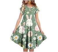 Kleider Mädchen Ostern Kleid Kinder A-Linie Dress Osterkleid Kurzarm Sommerkleid Outfit Teenager Girls Casual Osterhase-Kleidung NiedlicherCotton Kinderkleider (Light Green, 14-15 Years)