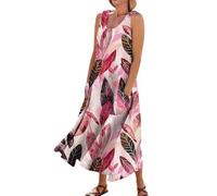 Kleider Mädchen, Sommerkleid Damen Leicht Und Luftig Sommerkleid Damen Große Größen Bunte Boho Blumen Druck Rundhals Ärmellos Baumwolle Leinen Maxikleid Kleider Damen Frühling (XL,1-DunkelRosa)