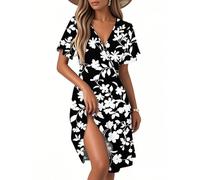 Kleider Sommer Damen, Sommerkleid Damen Blumen Wrap Kleid Leichte Freizeitkleid Hohe Taille Floral Legeres Kleider mit Luftige Flowy Saum Casual Midikleid C Black XL