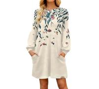 Kleider Winter Damen Elegant A-Linien Tunika Kleid Damen Langarm mit Taschen Damenkleider Kurz mit Muster Freizeitkleider Rundhalsausschnitt Lose Blusenkleid Frauen Leicht Herbstkleid