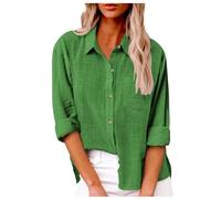 Kleidung Damen, Leinenbluse Damen Oversized Leinen Hemd Baumwolle Leinenhemd Mit Knopfleiste Oberteile Langarm Revers Bluse Einfarbig Tops Mit Brusttasche Basic Unterhemd, S-XXL, Hellgrün, XXL
